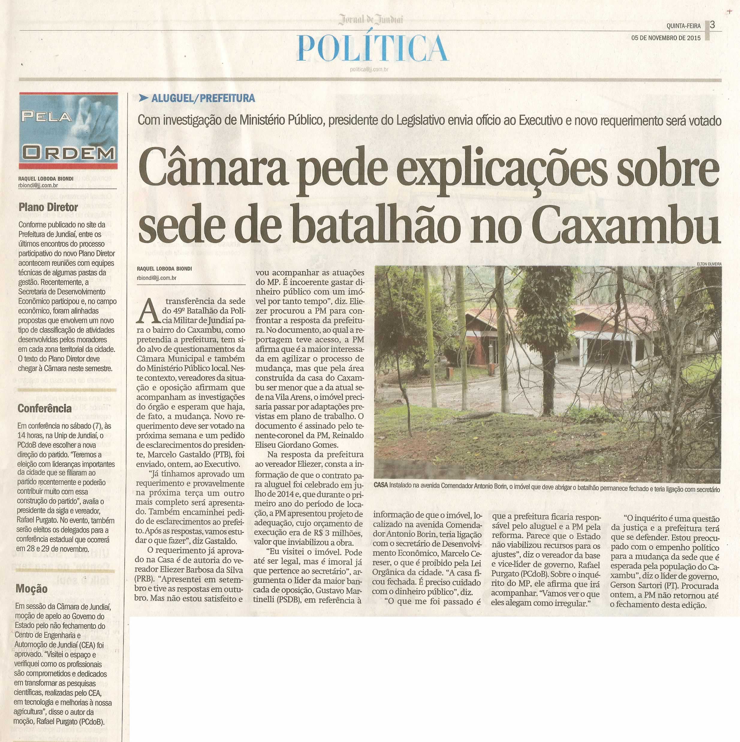 JJ - 05/11/15 - pg 3 - política - Câmara pede explicações sobre sede de batalhão no caxambu - 