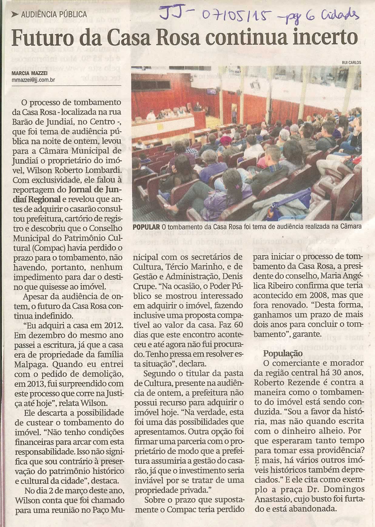 JJ - 07/05/15 - pg 6 - Cidades - Futuro da Casa Rosa continua incerto -