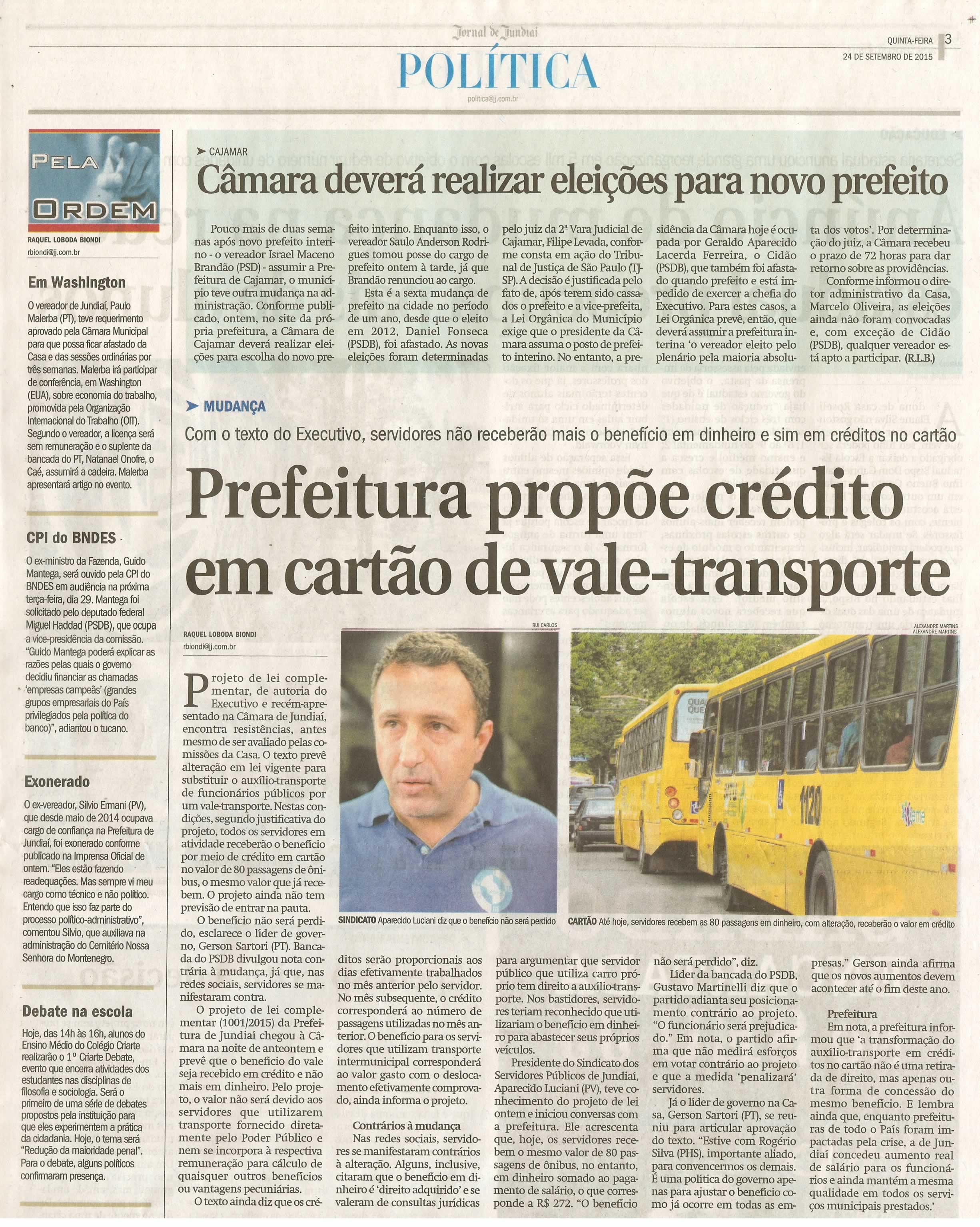  JJ - 24/09/15 - pg 3 - Política - Prefeitura propões crédito em cartão de vale-transporte.