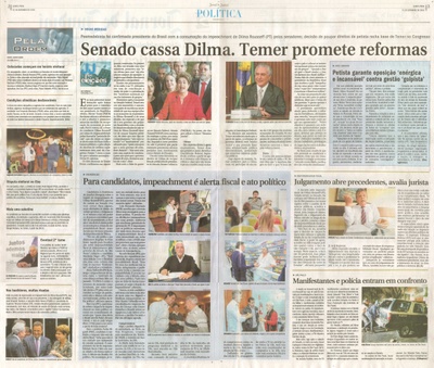 JJ - 01/09/16 - pgs 2 e 3 - política - Senado cassa Dilma. Temer promete reformas - Julgamento abre precedentes, avalia jurista - 