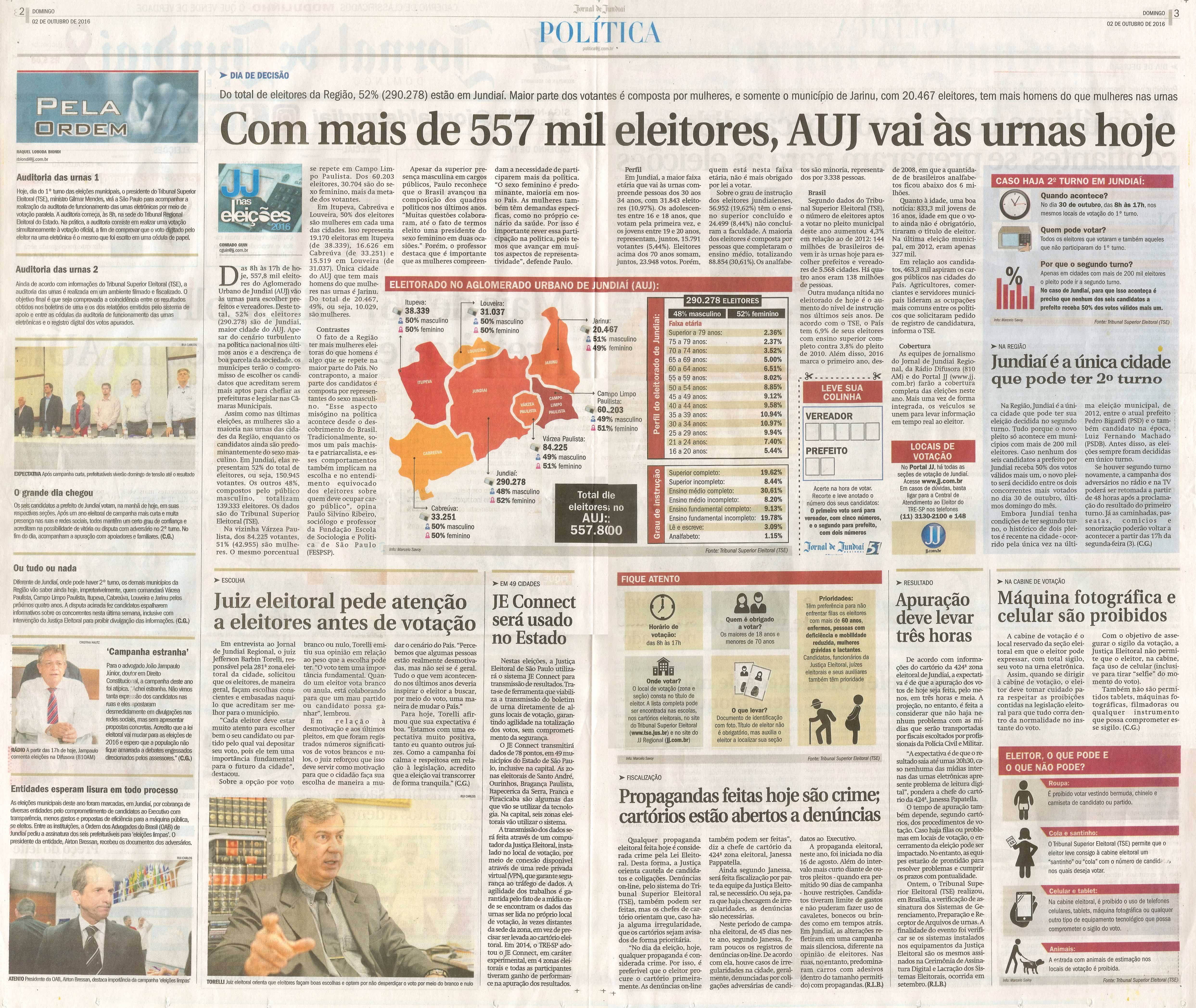 JJ - 02/10/16 - pgs 2 e 3 - política - Com mais de 557 mil eleitores, AUJ vai às urnas hoje - 