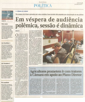 JJ - 15/06/16 - pg 3 - política - Em véspera de audiência polêmica, sessão é dinâmica - Agricultores prometem ir com tratores à Câmara em apoio ao Plano Diretor -