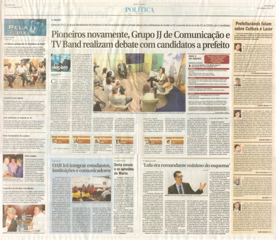 JJ - 15/09/16 - pgs 2 e 3 - política - Pioneiros novamente, Grupo JJ de Comunicação e TV Band realizam debate com candidatos a prefeito - 