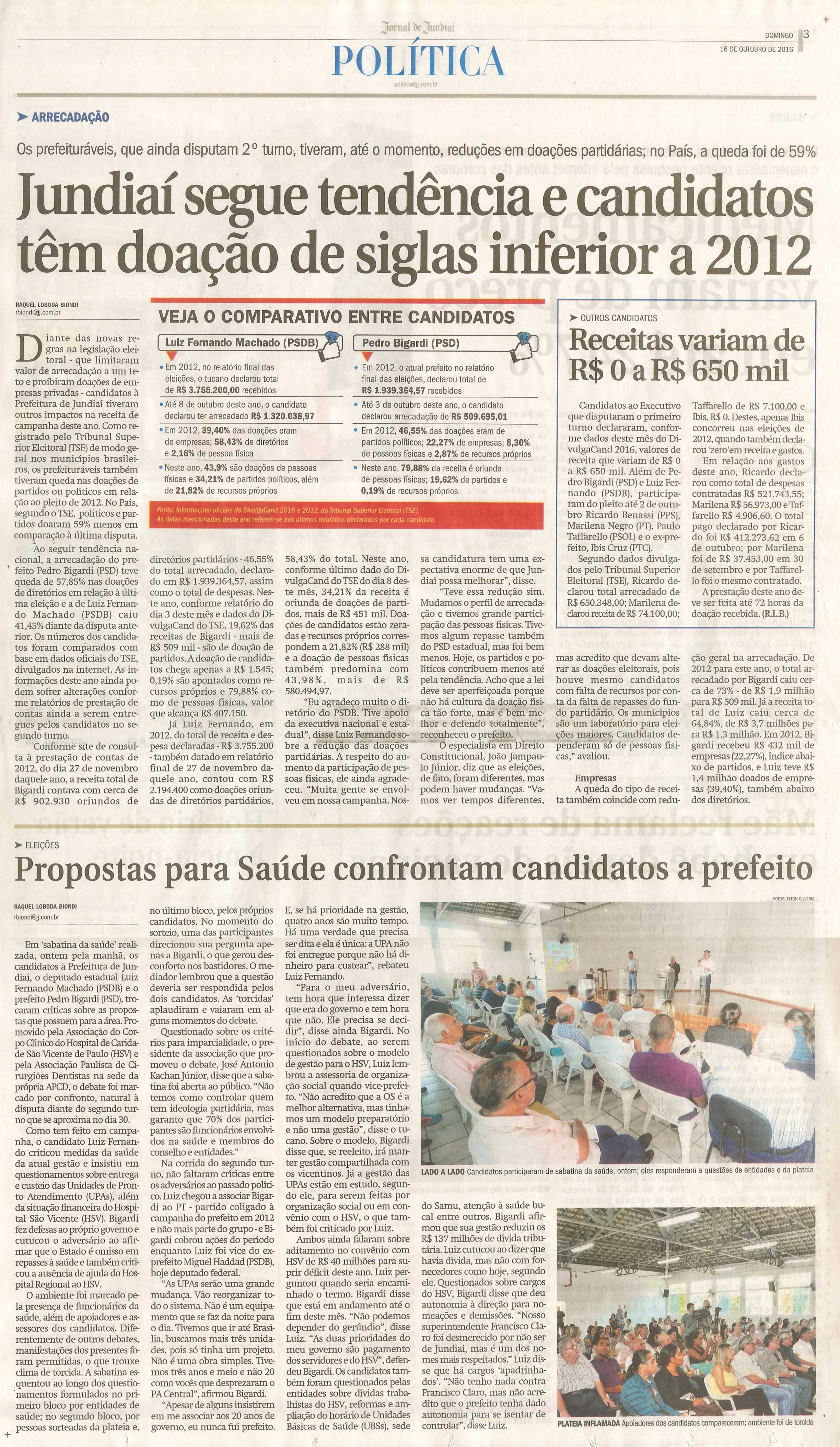 JJ - 16/10/16 - pg 3 - política - Jundiaí segue tendência e candidatos têm doação de siglas inferior a 2012 - Propostas para saúde confrontam candidatos a prefeito -