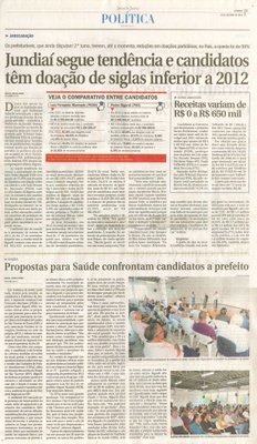 JJ - 16/10/16 - pg 3 - política - Jundiaí segue tendência e candidatos têm doação de siglas inferior a 2012 - Propostas para saúde confrontam candidatos a prefeito -