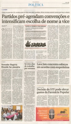JJ - 17/07/16 - pg 3 - política - Partidos pré-agendam convenções e intensificam escolha de nome a vice - Vereador Rogério Ricardo faz plenária -