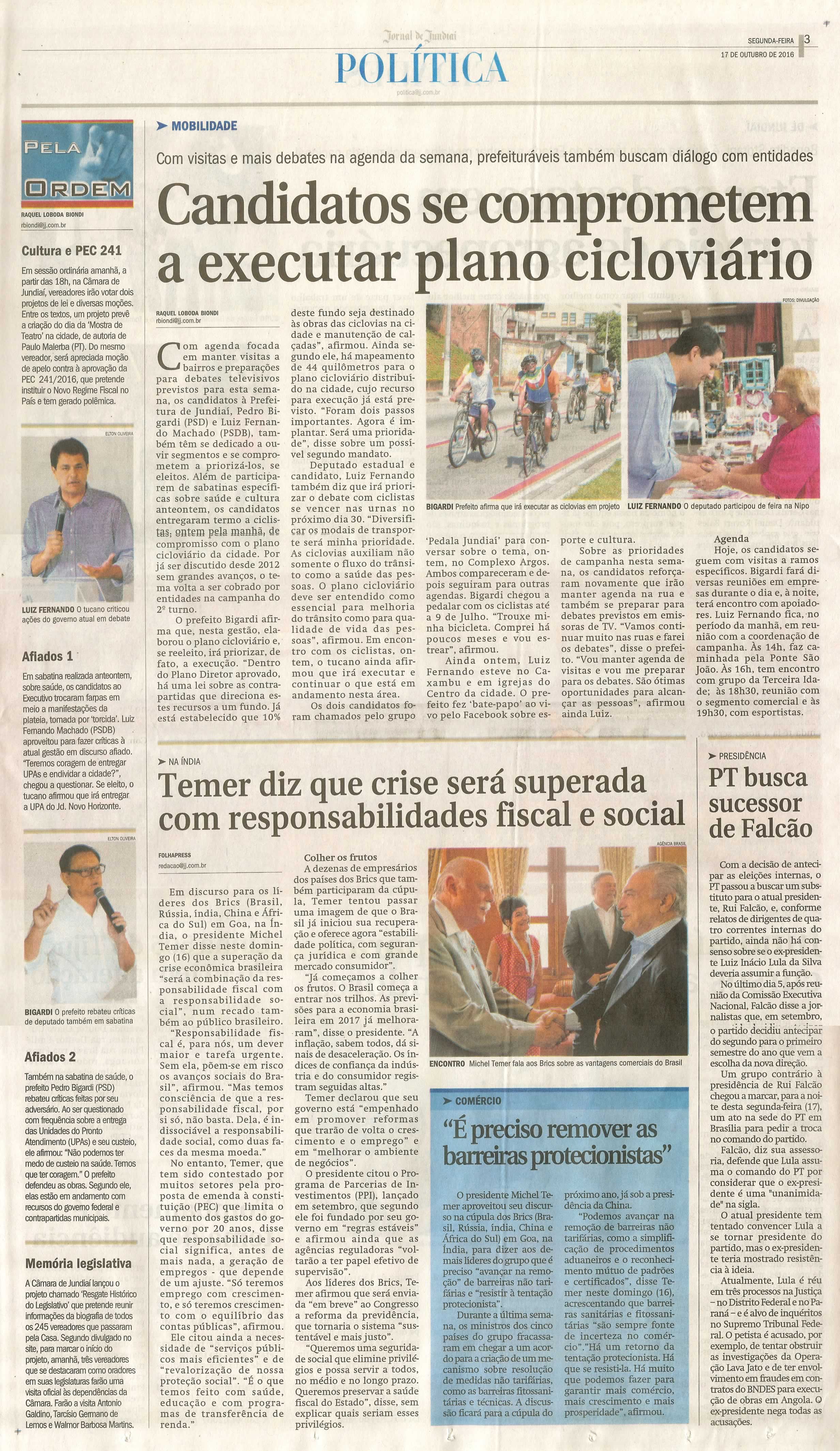JJ - 17/10/16 - pg 3 - política - Candidatos se comprometem a executar plano cicloviário -