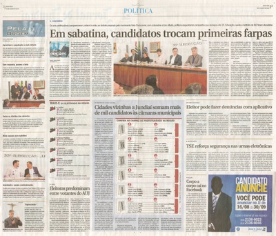 JJ - 19/08/16 - pgs 2 e 3 - política - Em sabatina, candidatos trocam primeiras farpas - Cidades vizinhas somam mais de mil candidatos às câmaras municipais - Eleitor pode fazer denúncias com aplicativo -