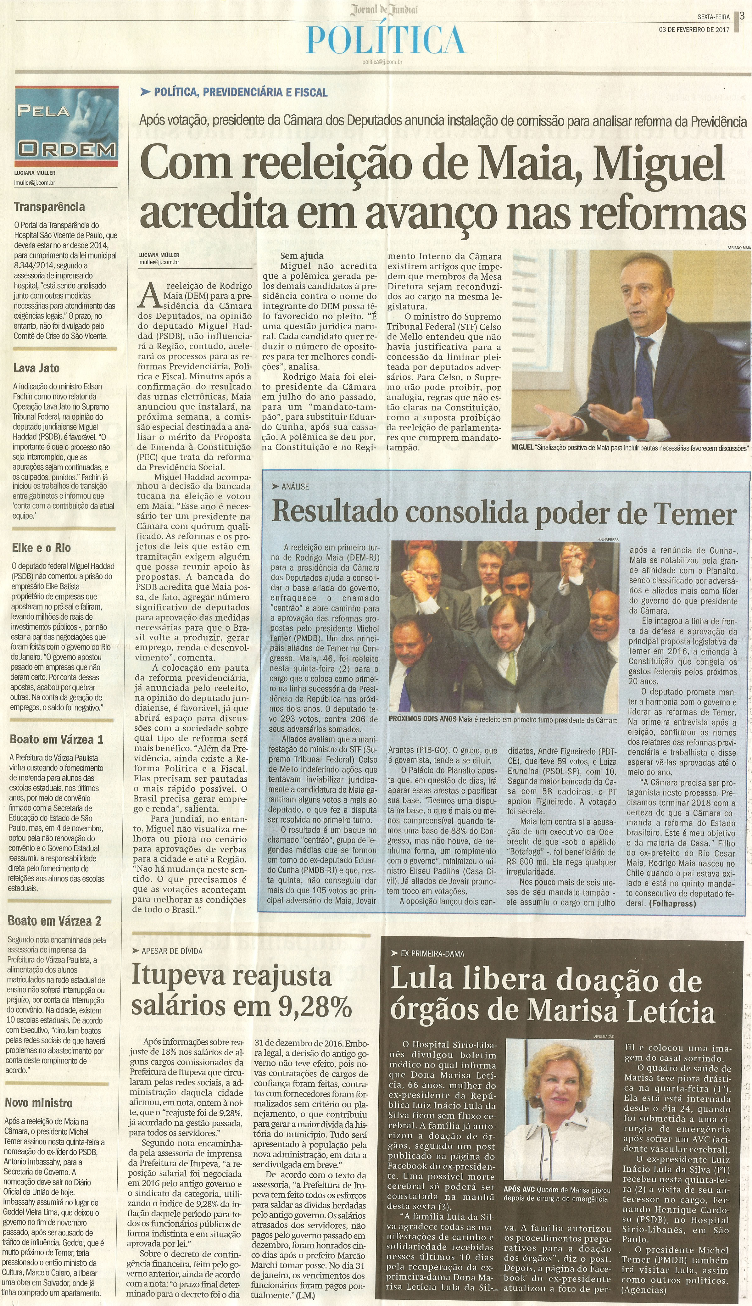 JJ - 03/02/17 - pg 3 - Política - Com reeleição de Maia, Miguel acredita em avanço nas reformas - Pela Ordem.
