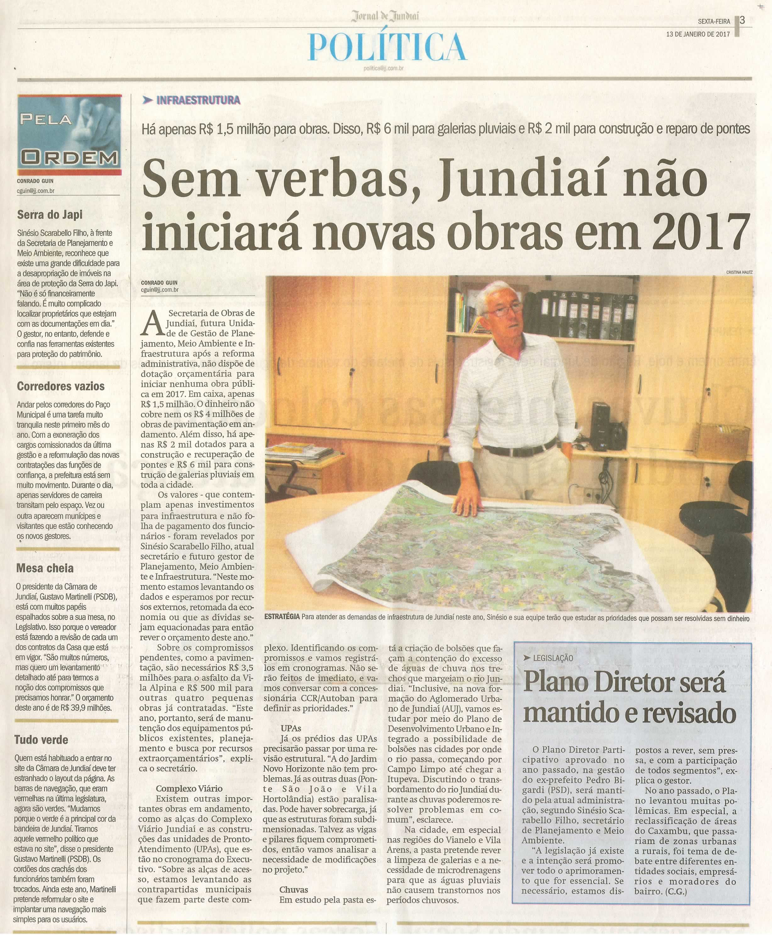 JJ - 13/01/17 - pg 3 - política - Sem verbas, Jundiaí não iniciará novas obras em 2017 -