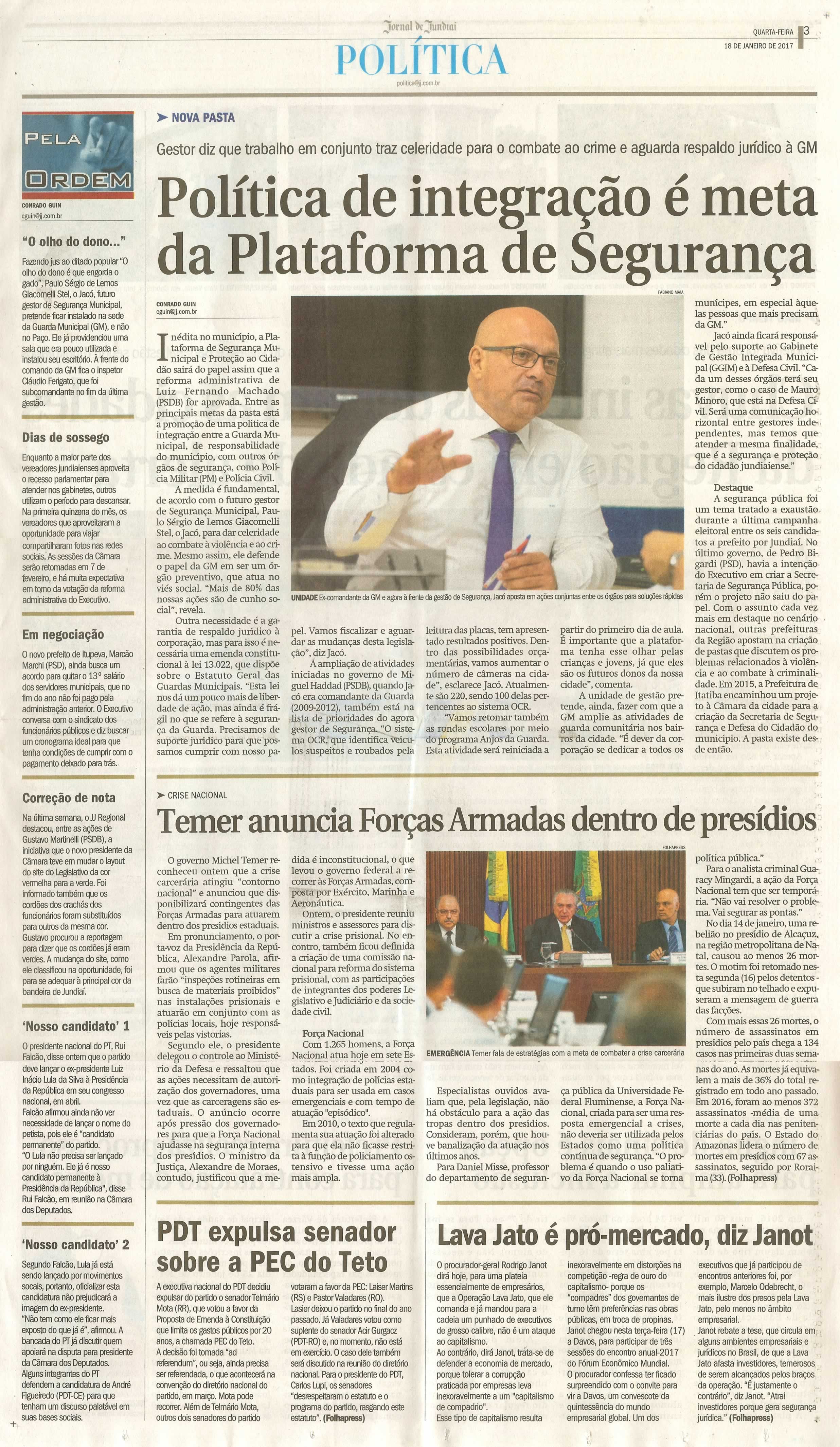 JJ - 18/01/17 - pg 3 - política - Política de integração é meta da Plataforma de Segurança - 