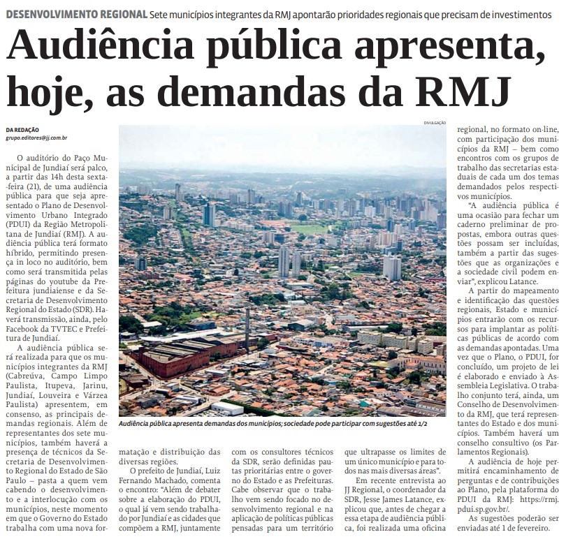 Audiência Pública apresenta, hoje, as demandas da RMJ