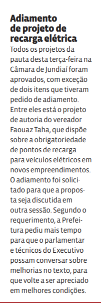 Adiamento de projeto de recarga elétrica